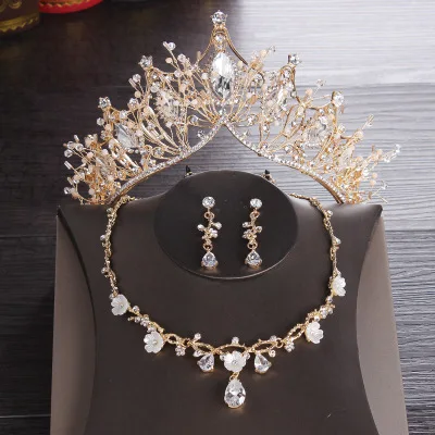 Свадебный ювелирный набор, горный хрусталь, кристалл, Золотая тиара, Серебряная корона, серьги для свадьбы, ожерелье, набор, аксессуары для невесты, роскошные ювелирные изделия - Окраска металла: gold 3pcs set