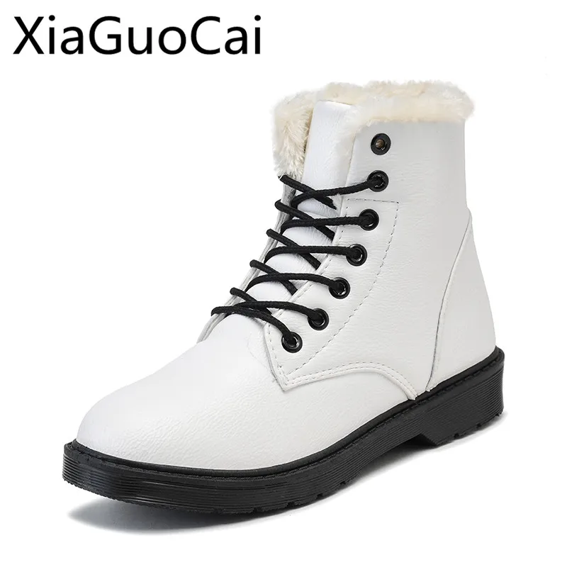 

2018 Winter Warm Women Boots New Leather Female Snow Boots Students Winter Waves Lace-up Flat Snow Boots