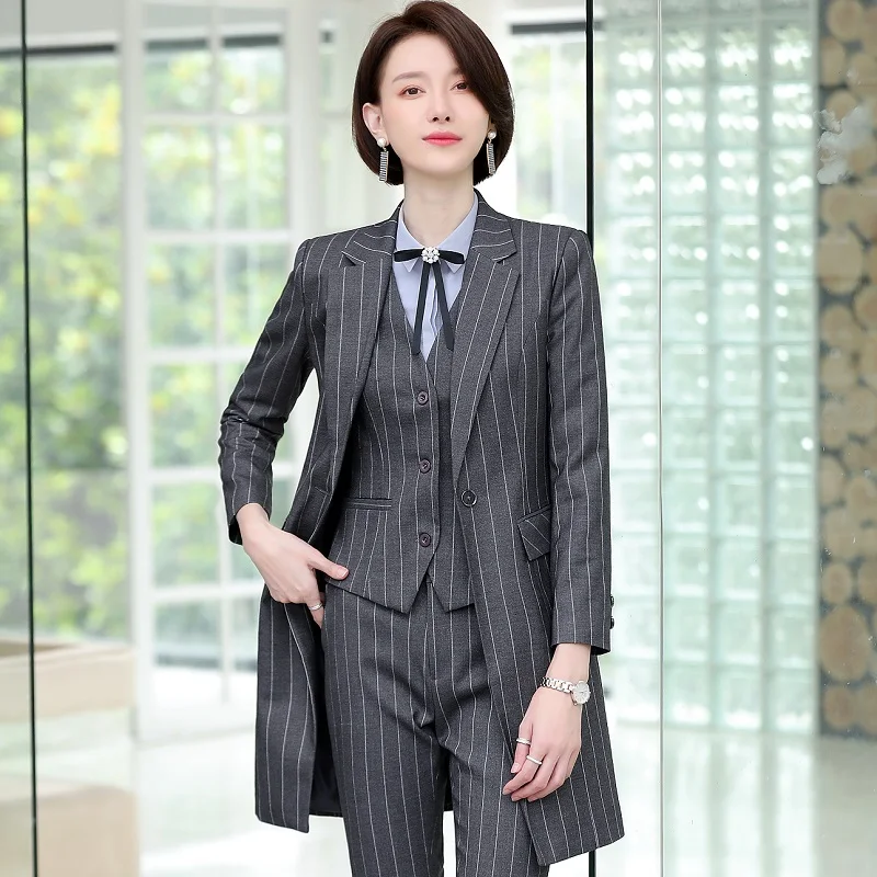 Women suits Slim spring stripe long jacket Pants 2-piece set OL Formal Business Women pants suits Woman set suits 1955