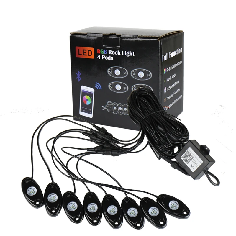

8 Pcs in One RGB LED Rock Lights with Bluetooth Control Box Wiring Harness & Switch Decoration Light for Offroad Boat Truck Jeep
