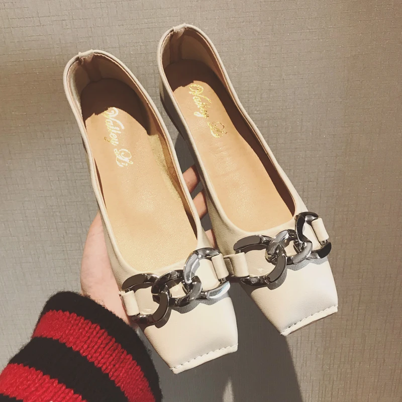 

2018 spring new shoes Korean wild metal chain square head shallow flat with flat shoes soft bottom Peas shoes.