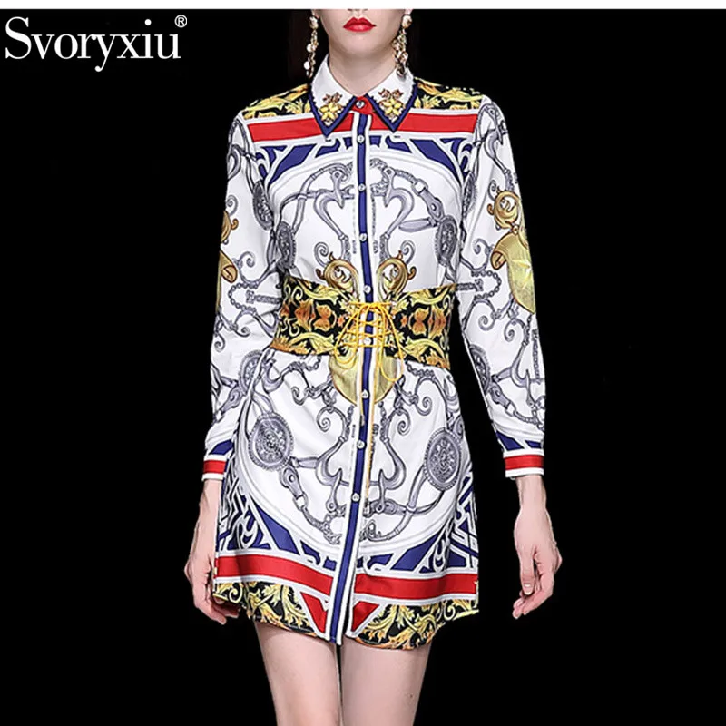 

Svoryxiu Runway Spring Summer Short Dress Women's Fashion Long Sleeve Beading Collar Printed Dresses + Girdle 2019