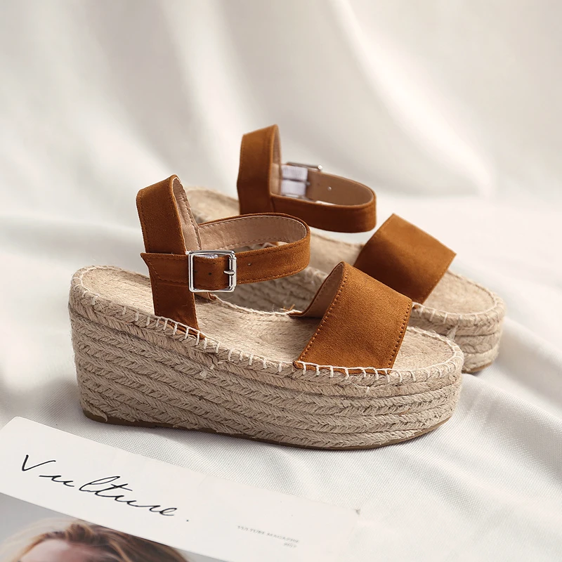 

Teahoo 2019 Summer Suede Brown Women Wedge Espadrilles Slingback Buckle Strap Women Sandals Open Toe High Heels Shoes Woman