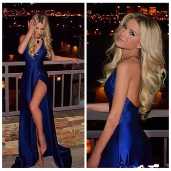 

2019 Royal Blue Evening Dresses Sexy Deep V Neck Thigh High Split Backless Long Cheap Prom Dress Formal Party Gowns