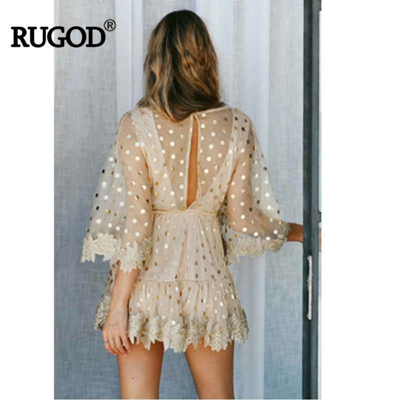 RUGOD женское мини-платье, кружевное Сетчатое платье в горошек с вышивкой, v-образный вырез, завышенная талия, золото, новинка, летняя мода, женское элегантное пляжное платье