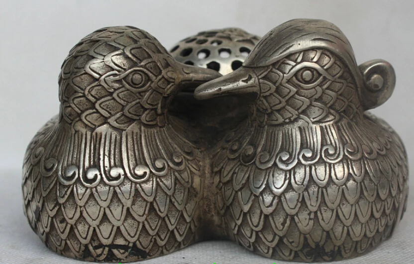 

5" China QingChao Silver Mandarin Duck Bird Lovely Lotus Incense Burner Censer S0705
