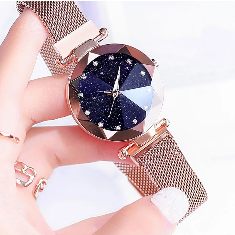 Роскошные женские часы, магнит, нержавеющая сталь, сетка, со звездным модным бриллиантом, женские светящиеся блестящие Кварцевые часы, relogio feminin