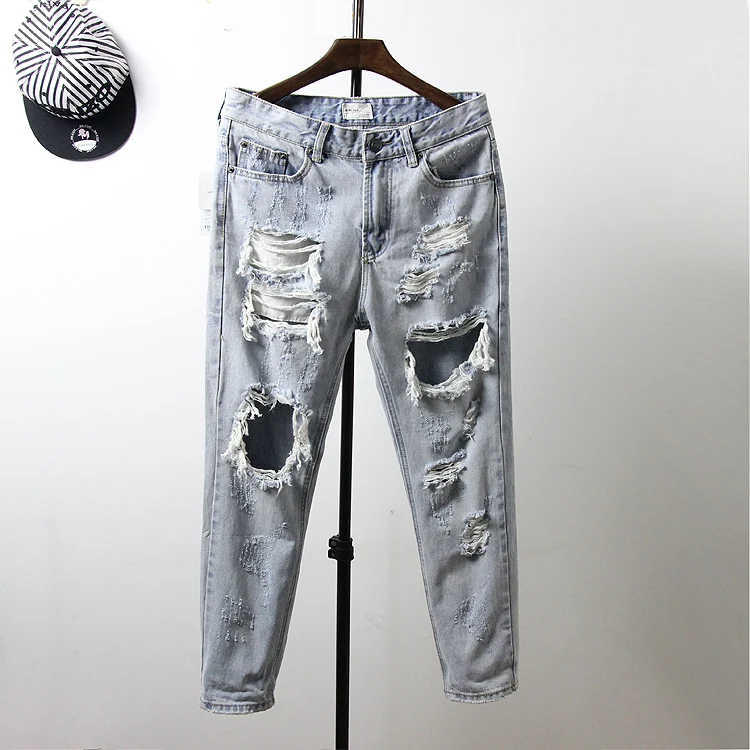 2017 New summer men s Skinny Ripped Jeans Mens Big Hole On Knee Holes Streetwear Clothes