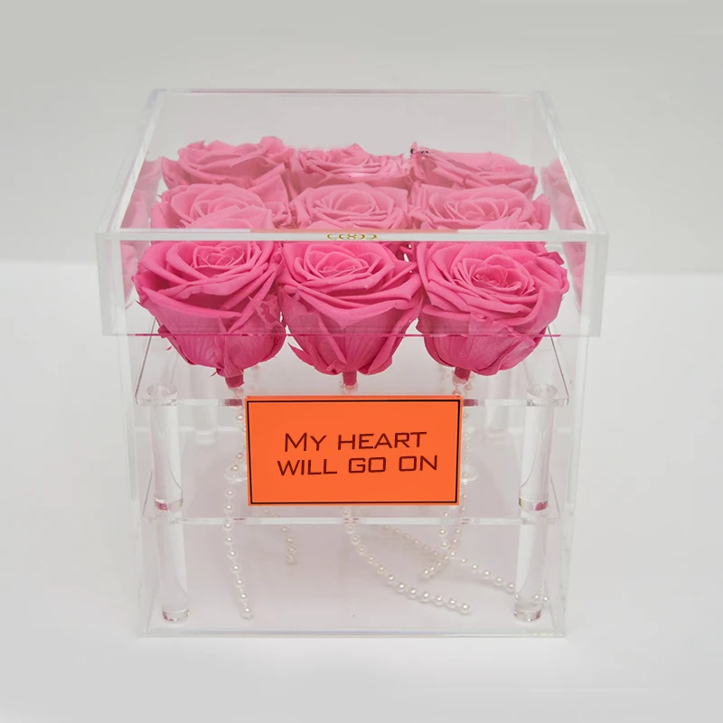 

Acrylic Pink Rose Flower Box 9 holes Transparent Makeup Organizer Cosmetic Case With Lid Storage Box for Flower