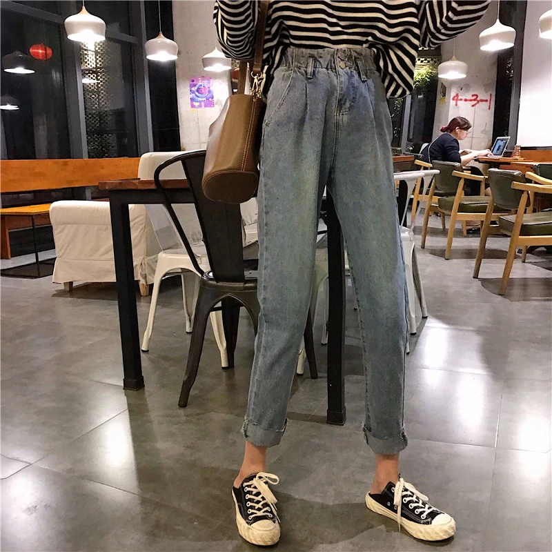 Весенняя Корейская версия вымытых старых эластичных талии свободные джинсы с высокой талией Прямые брюки Широкие брюки женские