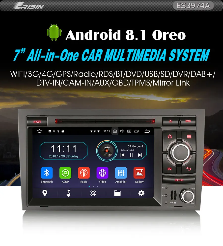 Perfect Erisin ES3974A PX30 Android 8.1 Car Multimedia Player 7" Car DVD GPS for AUDI A4 S4 RS4 B9 B7 SEAT EXEO 0