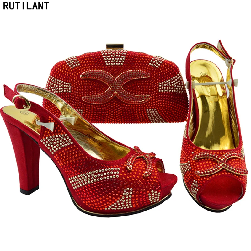 

Latest Design Italian Shoes with Matching Bags High Quality Woman Italian Wedding Shoes and Bags Set Decorated with Rhinestone