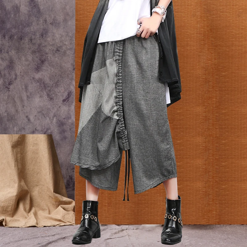 

#0615 Summer Drawstring Asymmetrical Wide Leg Pants Women Loose Cotton Linen Retro Ladies Trousers Joggers Calf-length