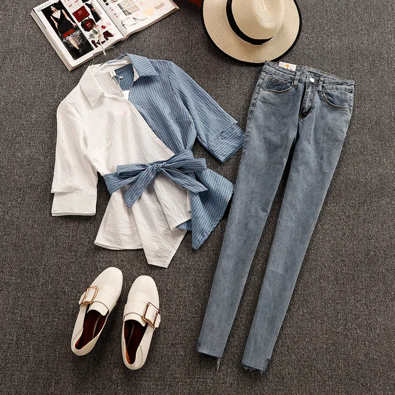 

New Spring Summer Fashion Women's Sets Color Block Striped Short Sleeve Blouses + Slim Skinny Pencil Pants Female Jeans Suits