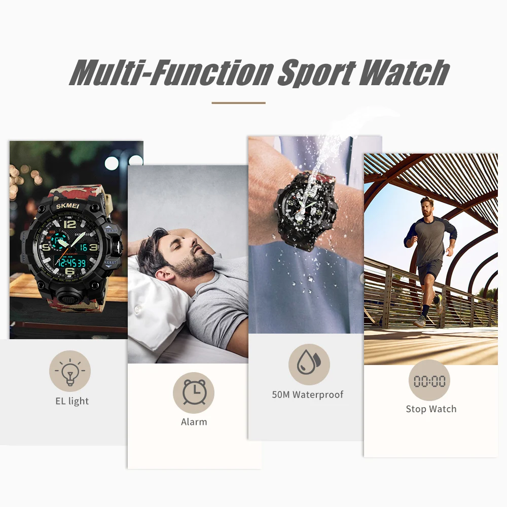 SKMEI Men Sport Watches Digital Chronograph Double Time Alarm Watch 50M Watwrproof EL Light Wristwatches Relogio Masculino 1155