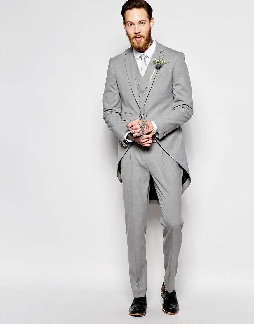 Classic Light Grey Men Suits With Long Coat 2017 Elehgant Groomsmen