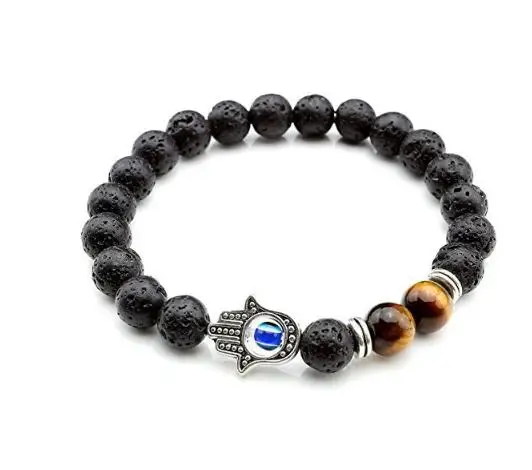 Natural Volcano Lava Stone Fatima Hand Bracelets for Men Amulet Eyes Charm Rock Jewelry Elastic Beads BB04 | Украшения и