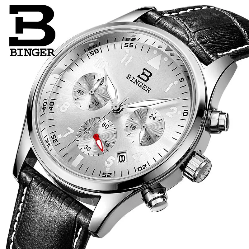 

Switzerland BINGER men's watches luxury brand Quartz waterproof leather strap clock Chronograph Stop Watch Wristwatches B9202-6