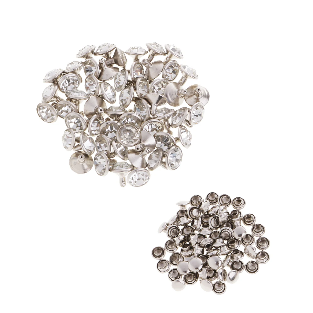 50 Pieces Rhinestone Rivets Studs Buttons for Sewing Crafts DIY Bag Clothes Shoes 7/10mm Silver/Gold Leathercrafts Accessories