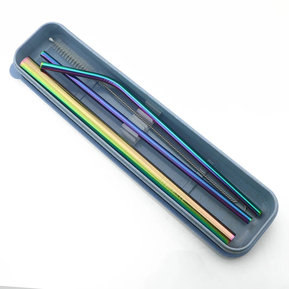

5Pcs/Set Stainless Steel Straw With Cleaner Brush Reusable Metal Drinking Straws Black 215MM Straw Random Color Purple Straw Box