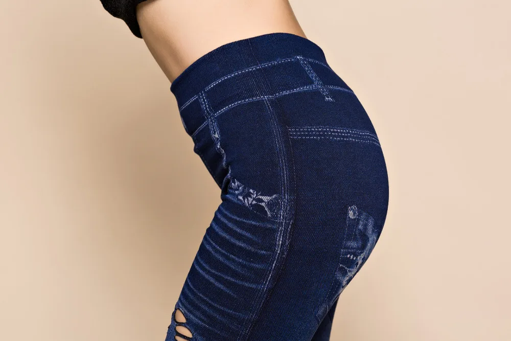 Fashion Slim Women Leggings Faux Denim Jeans Leggings Sexy Hole Heart Printing Casual Women Clothing Pencil Pants Plus size
