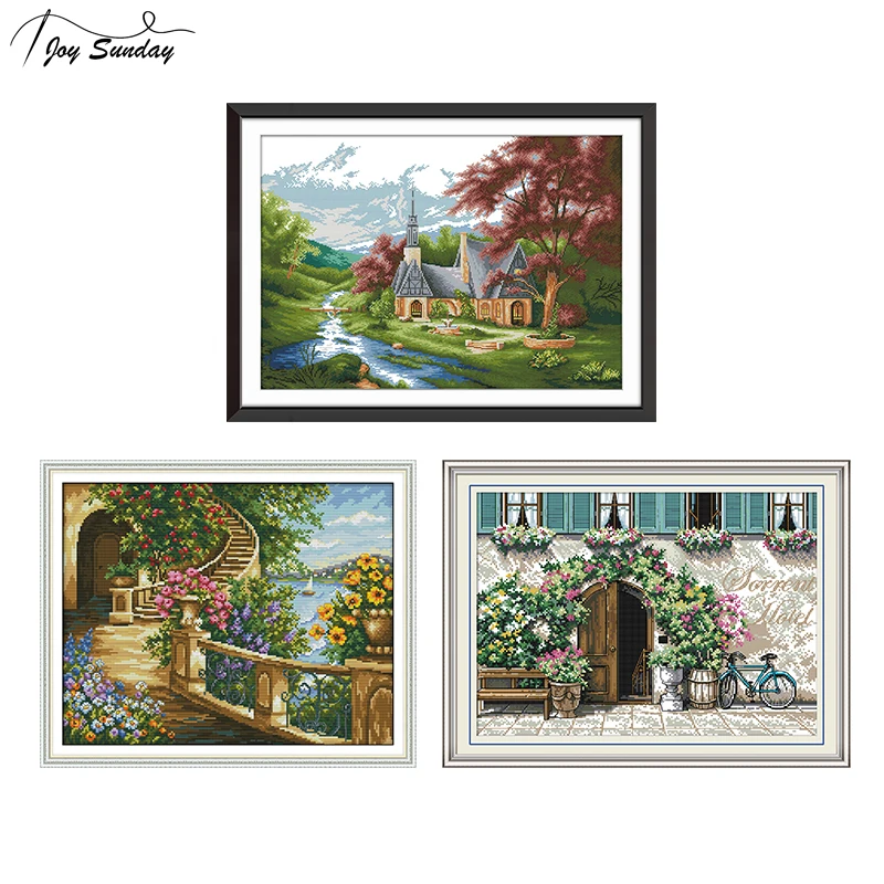 

Joy Sunday Landscape Painting Cross Stitch Fabric Printed Canvas Aida DMC Embroidery Kit DIY Needlework Kit Cross Stitch Needles