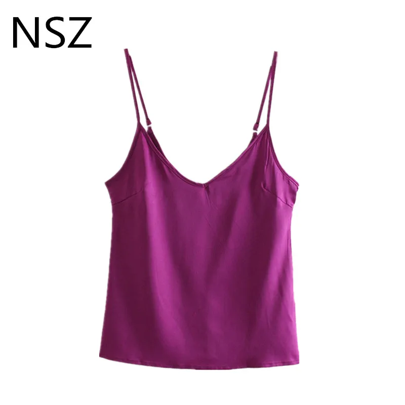 NSZ Для женщин Сплошной Satin Cami Лето Танк топ, жилет короткий Топ укороченный рубашка без рукавов