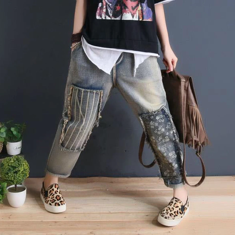Women Denim Harem Pants Bottom Jeans Trousers Loose Embroidery Patchwork Distressed Fashion Casual Retro Vintage 19014