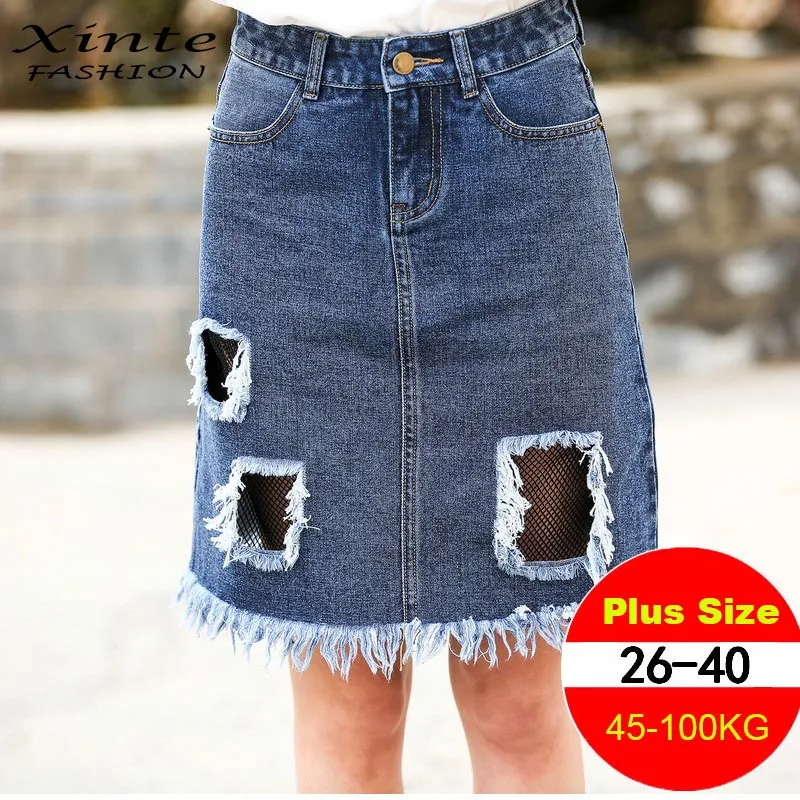 Plus Size 2017 Summer Women Denim Skirt Ripped Holes Patchwork
