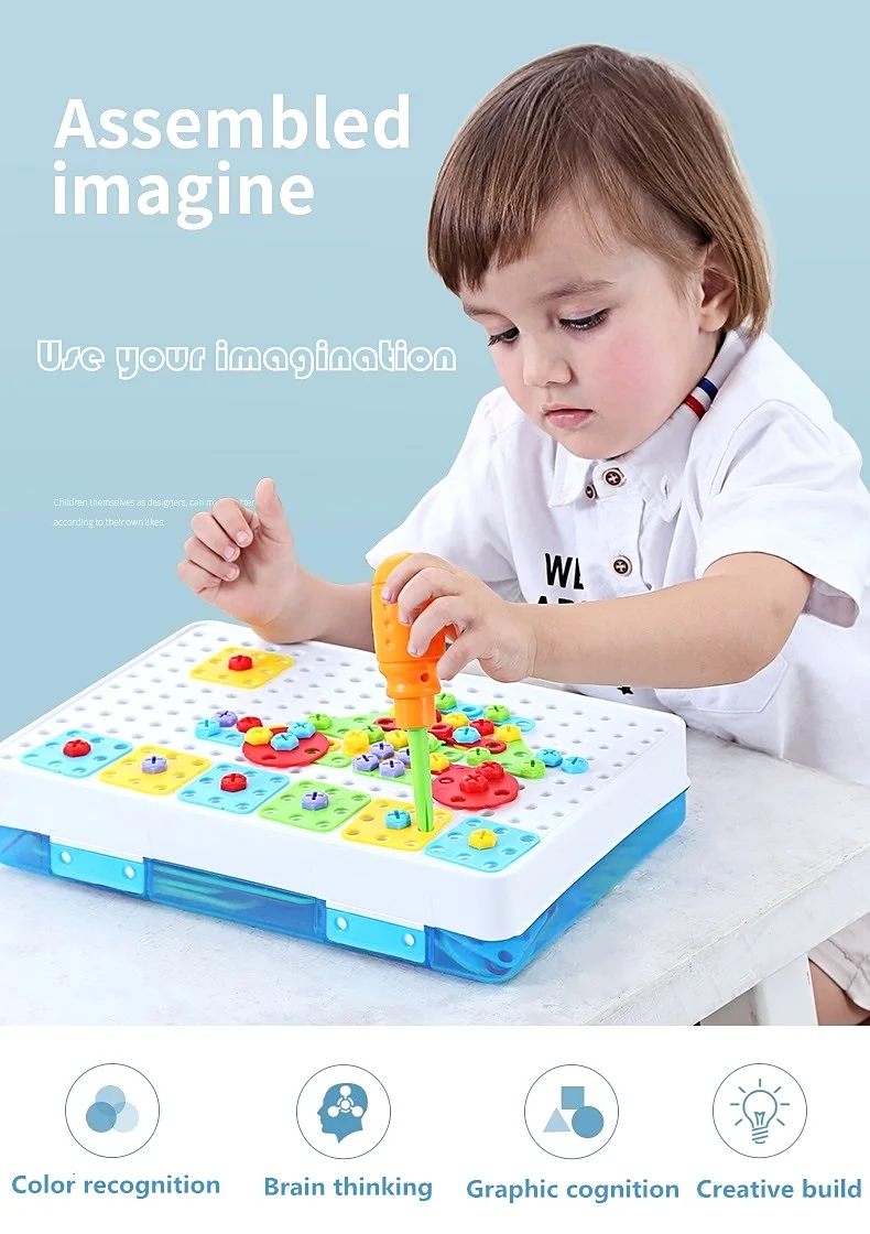 Kids Drill Toys Creative Educational Toy Electric Drill Screws Puzzle Assembled Mosaic Design Building Toys Boy Pretend Play Toy