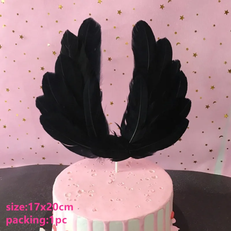 Украшения для детского душа Фламинго Топпер для торта первый день рождения украшения для детей и взрослых украшения для свадебного торта Крылья Ангела - Цвет: 1pc black feather