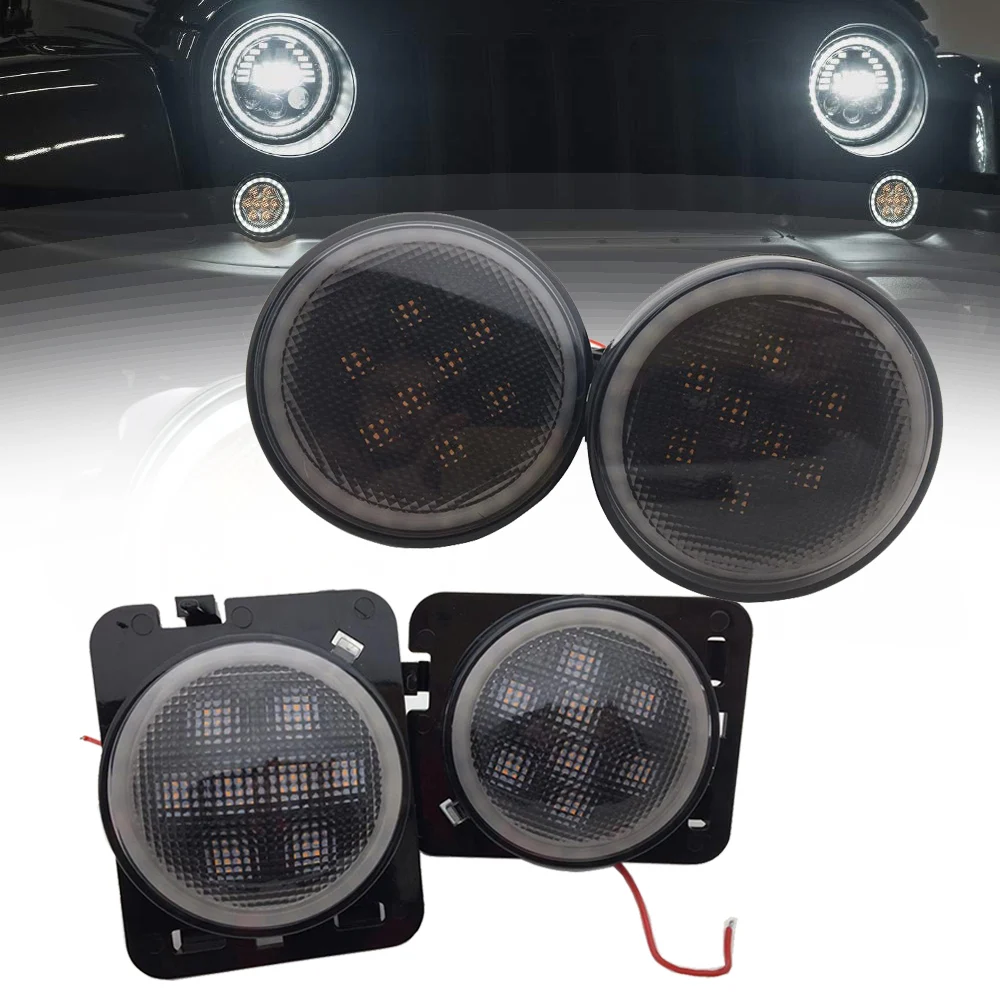Pair LED Front Smoked Turn Signal Light + 2 X Fender Flare Light Amber For 2007 2015 Jeep