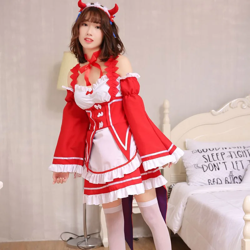 Coshome Re Zero Kara Hajimeru Isekai Seikatsu Ram Rem Christmas Suit Dress+sleeve+headwea+socks Anime Cosplay Costumes (5)