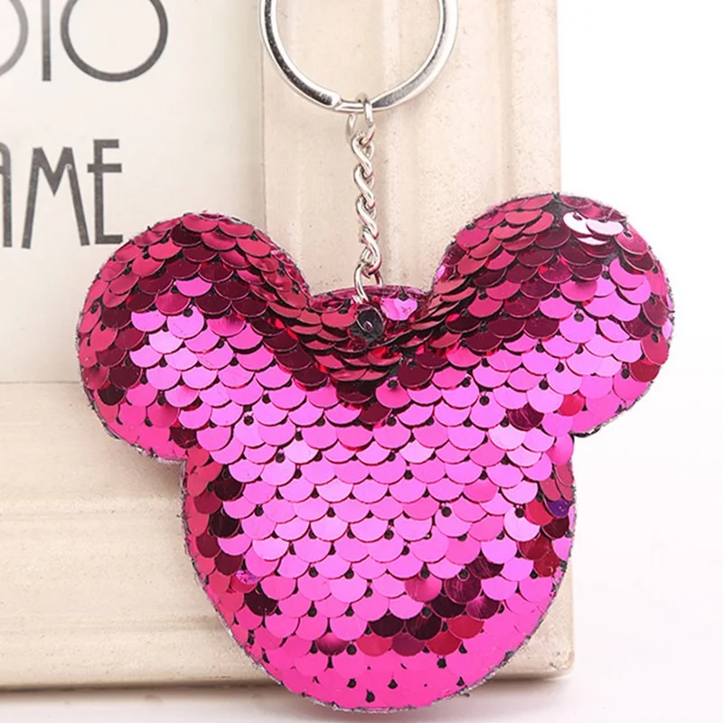 

Beautiful Mickey Keychain Cute Bright Star Glitter Pompom Sequins Key Chain Gifts for Women Car Bag Accessories Key Ring