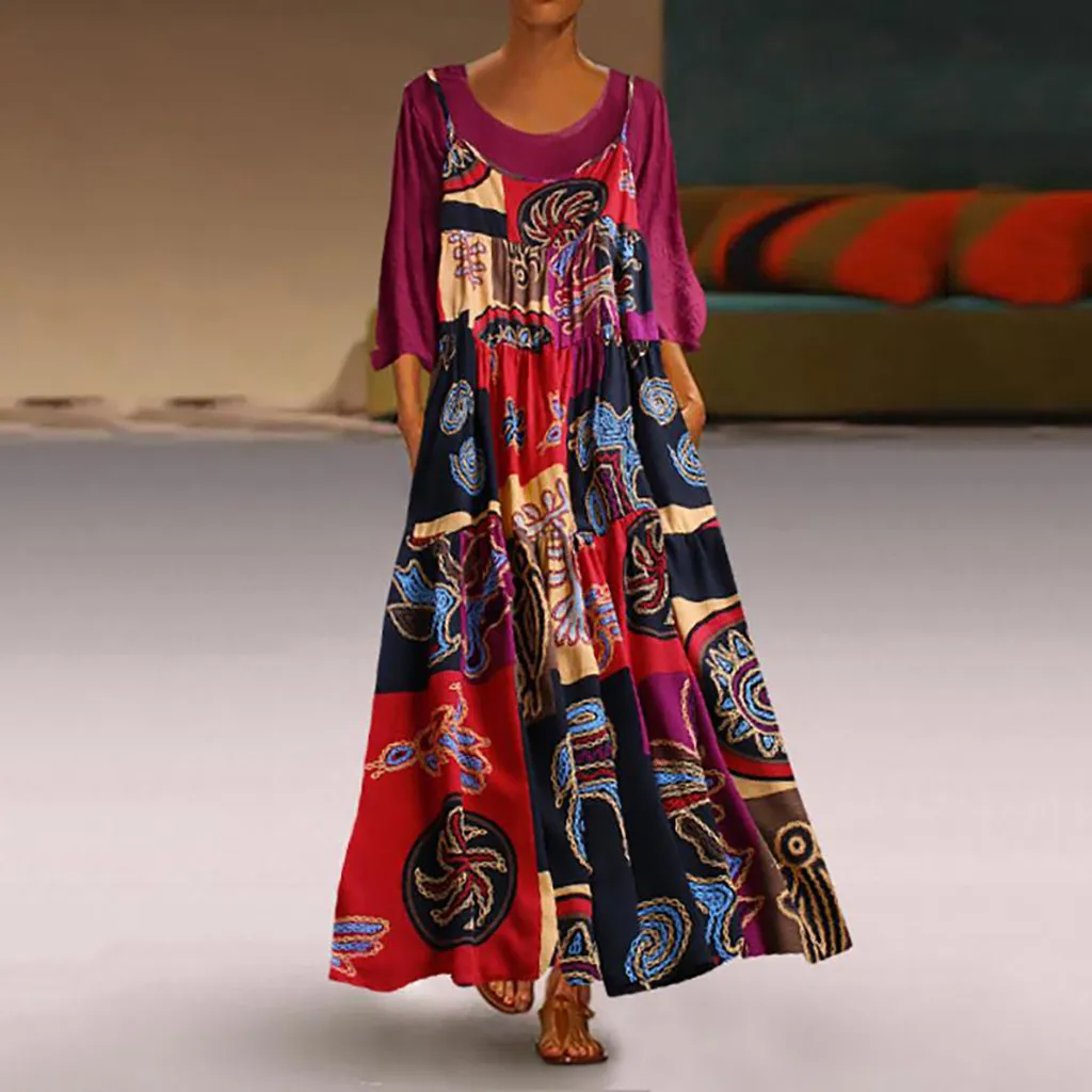 Dress Women Plus Size Patchwork Two-piece Linen Long Dresses Summer Vintage O-Neck Wrist Print Bohemian Maxi Dress