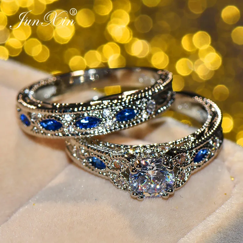 Милый женский фиолетовый синий набор колец, Мода 925, серебряные свадебные ювелирные изделия, обещающая любовь, вечность помолвка, кольца для женщин