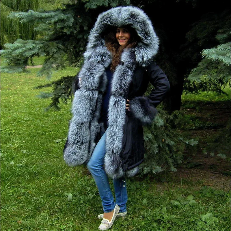 FURSARCAR Women's Winter Real Fur Parka Natural Silver Fox Fur Lining Inside Hood Fashion Luxurious Black Fur Jacket Parkas