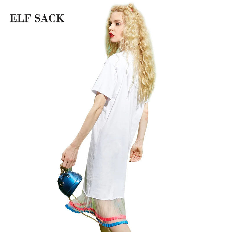 ELFSACK, летние женские длинные платья с буквенным принтом, платье-рубашка, женское свободное платье плюс Микси с сетчатым подолом, плиссированное цельное платье