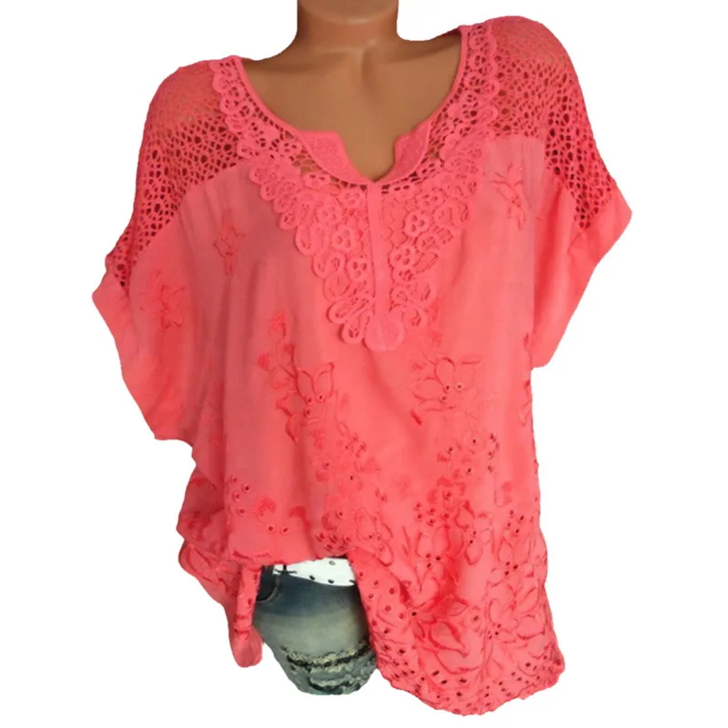 Women Fashion Loose Lace Blouse V Neck T Shirt - Fashion Design Store