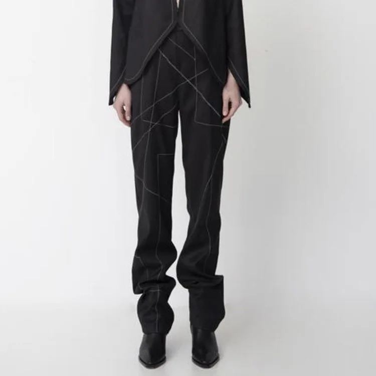 

2019 Women Spring New Clear Line Geometric Wire Heap Pile Straight Pants Wide-legged Trousers Black Pants Women Full Length