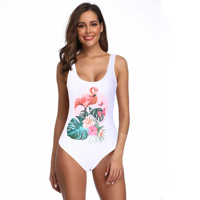 

Women Swimsuit White Print One Piece Swimwear 2019 Summer Girls Beachwear Bodysuit Plus Size S M L XL Swimsuit