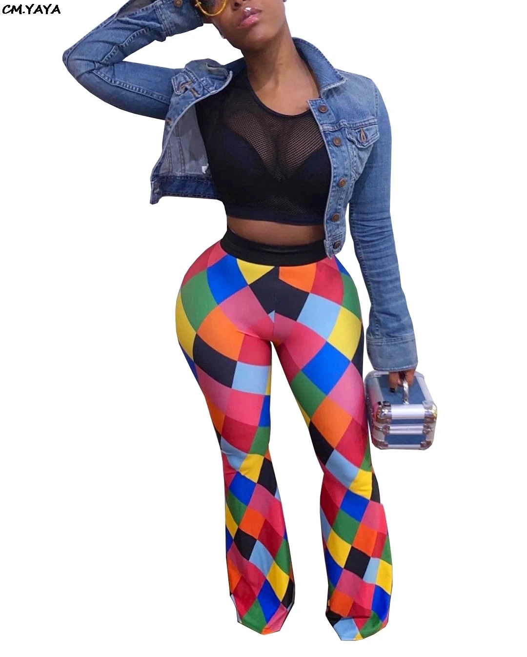 

2019 women colorful plaid high waist sexy boot cut long pants beach wide leg leggings active wear trousers S-3XL A5046