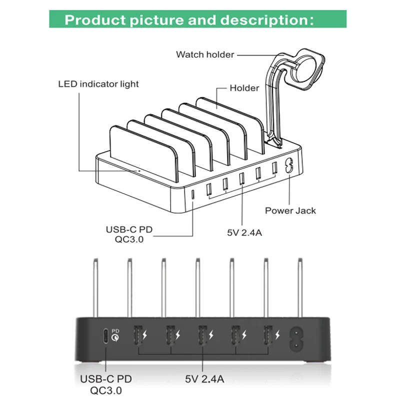 Док станция AIXXCO Quick Type C PD с 6 портами док для зарядки USB 45 Вт 9A быстрая зарядная