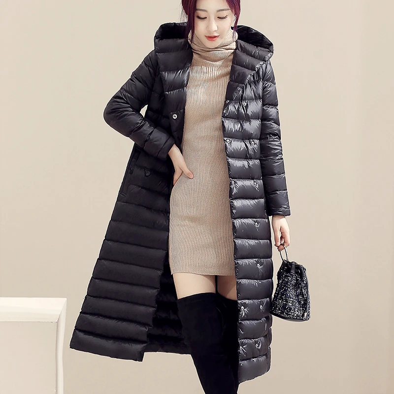 Осенне-зимнее модное белое пуховое пальто с поясом, Женская длинная куртка с капюшоном и регулируемой талией, ветрозащитная женская верхняя одежда Mw165