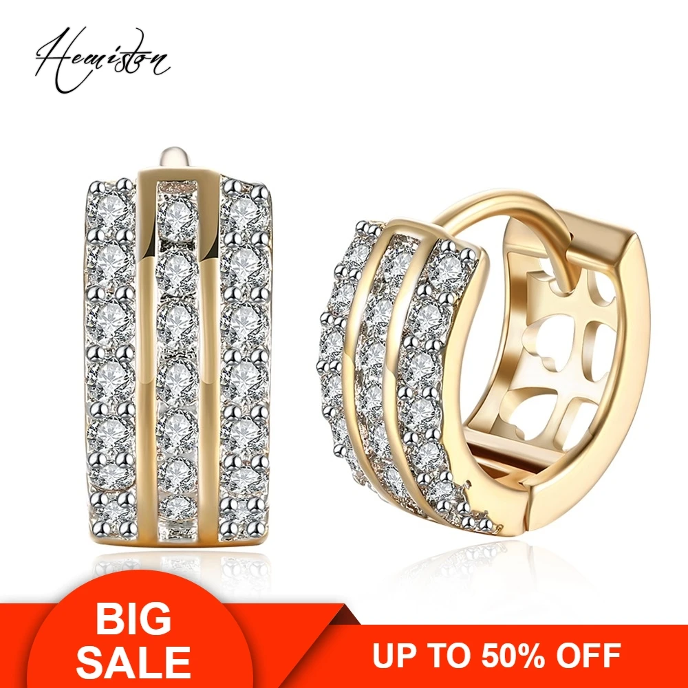 

Wide Three Lows Paved Clear CZ Creole Earring, Yellow Gold Color European Romantic Jewelry Gift For Women TF 142E