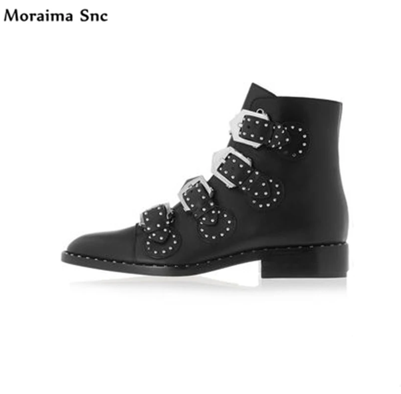 

Moraima Snc hot selling women riding boots pointed toe square heel Concise type rivets buckles Decoration platform Ankle boots