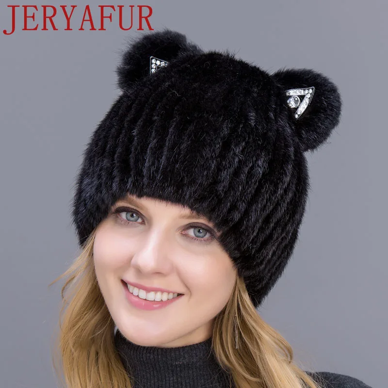 

JERYAFUR Winter Woman's Hot Sale Real Fox Fur Hat Mink Wool Knit Cap Winter Warm Fashion Hat Russian Style