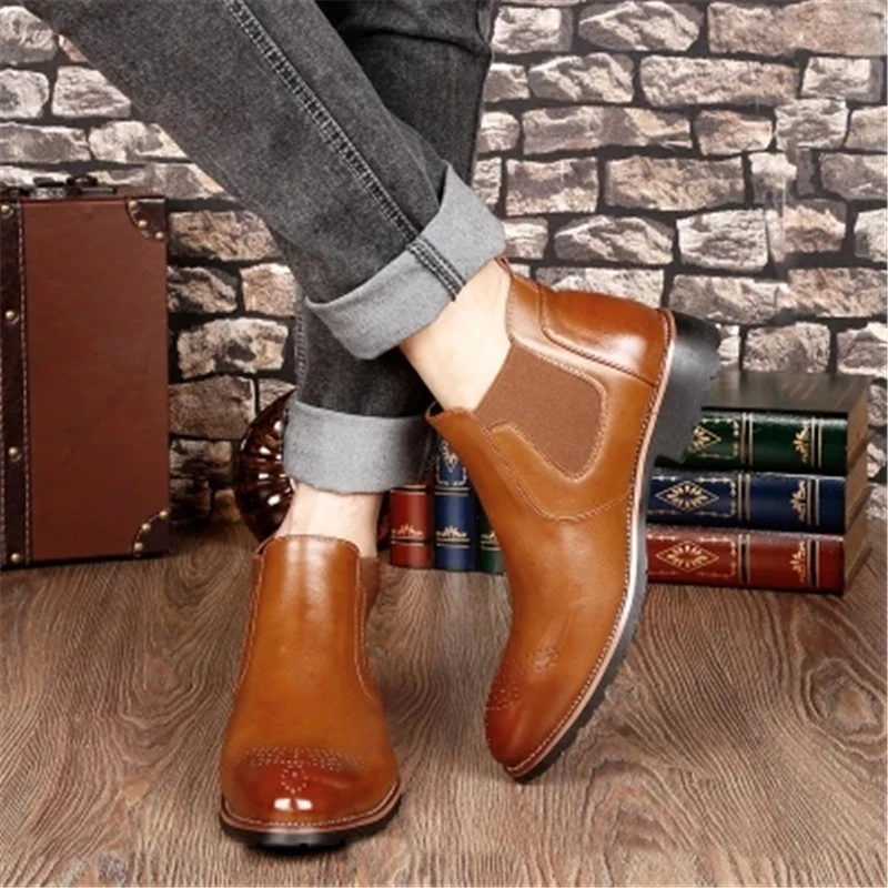 New Arrival Autumn Winter Men Ankle boots Split Leather Slip-On Outdoor Chelsea boots Male shoes Vintage boots 02C