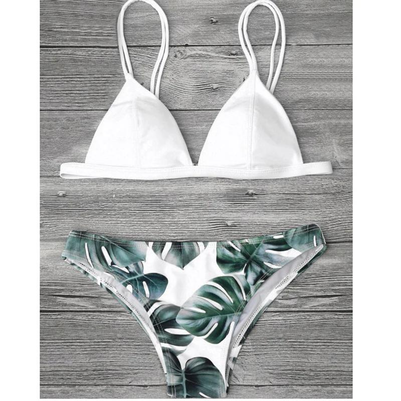 Z-LAI 2018 Sexy Bikini Set Padded Swimsuit Plant Print Swimwear Women Backless  Two Piece Bathing Suit Femmini