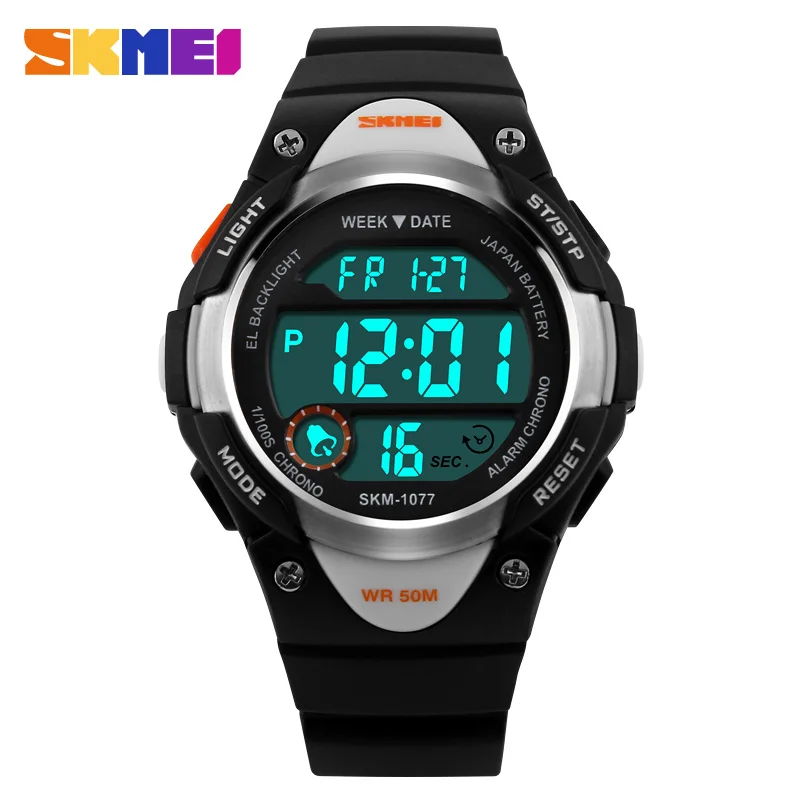 SKMEI детские часы с будильником, секундомером, водонепроницаемые, для плавания, светодиодный, цифровые часы для мальчиков и девочек, студенческие наручные часы - Цвет: Black